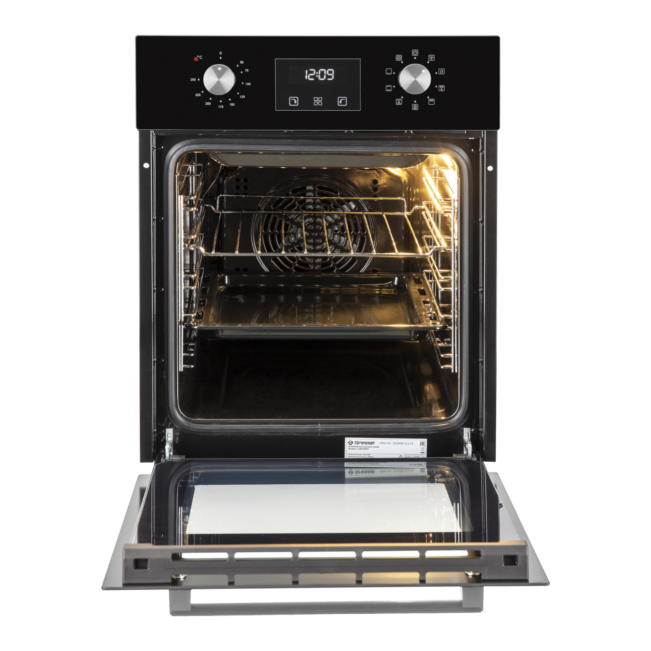 Встраиваемый духовой шкаф GRESSEL U4ES59001 45см, 50л, 9 режимов, двойной гриль, тройное стекло, стеклянная панель, 3D-конвекция, доводчик дверцы, таймер