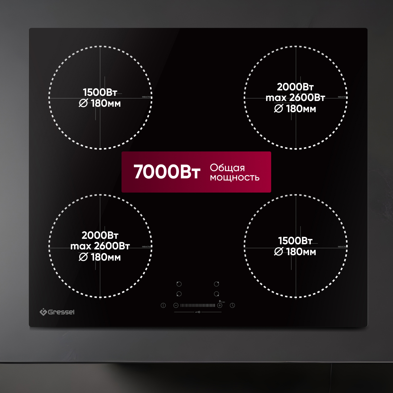 Встраиваемая индукционная варочная панель GRESSEL U60I74S001, 60 см, 7000Вт, сенсорное управление Slider control, блокировка, защита от перегрева, датчик наличия посуды, таймер