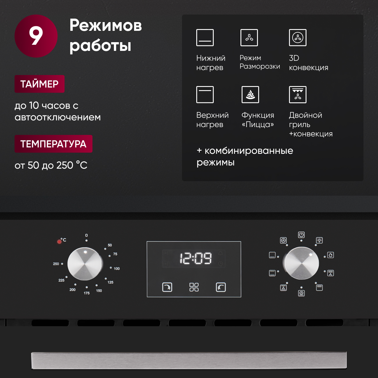 Встраиваемый духовой шкаф GRESSEL U4ES59001 45см, 50л, 9 режимов, двойной гриль, тройное стекло, стеклянная панель, 3D-конвекция, доводчик дверцы, таймер