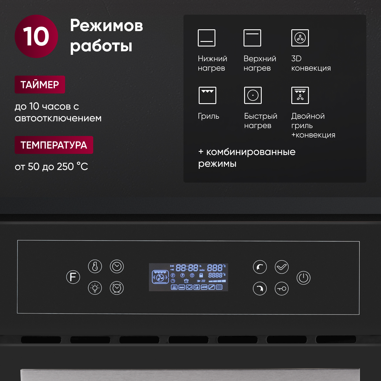 Встраиваемый духовой шкаф GRESSEL U4ES99000 45см, 10 режимов, двойной гриль, тройное стекло, сенсорная стеклянная панель, 3D-конвекция, доводчик дверцы, таймер
