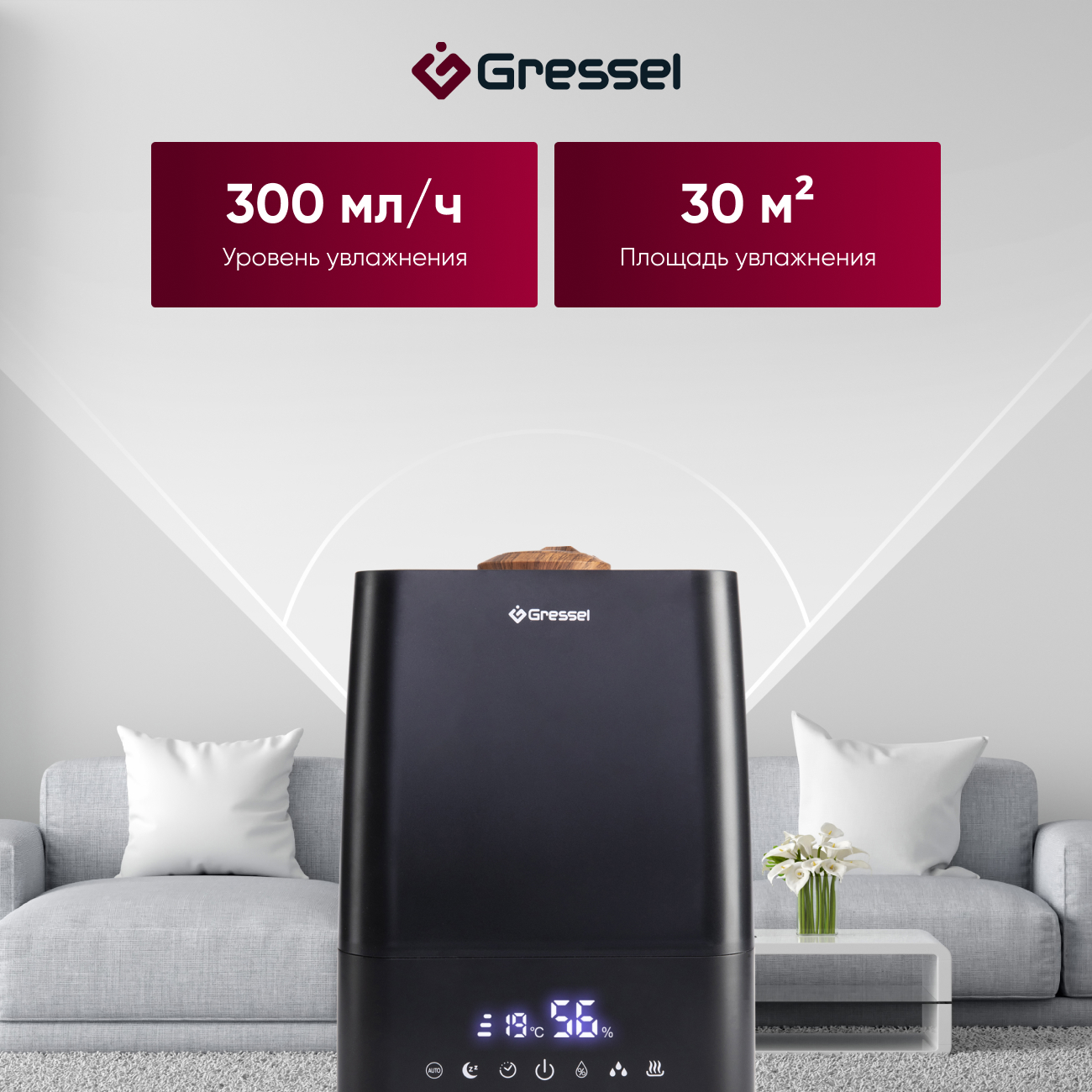 Увлажнитель воздуха для дома Gressel GRU-5002, ультразвуковой с пультом, фильтрами очистки воды и воздуха, 5.3л, аромадиффузор
