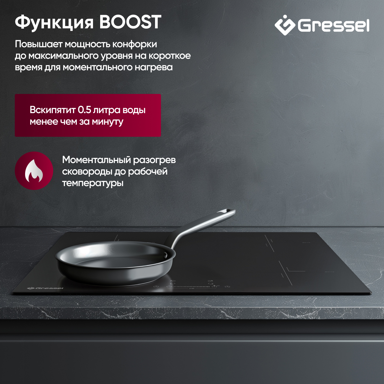 Встраиваемая индукционная варочная панель GRESSEL U60I74S001, 60 см, 7000Вт, сенсорное управление Slider control, блокировка, защита от перегрева, датчик наличия посуды, таймер
