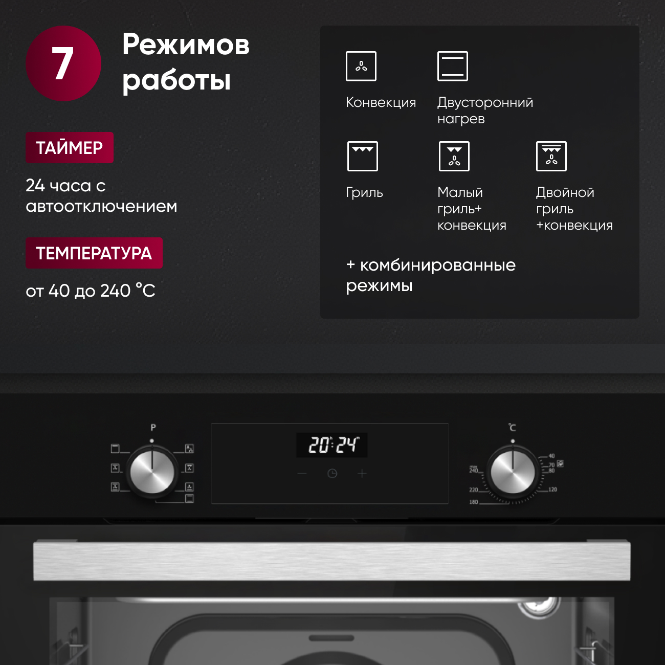 Встраиваемый духовой шкаф Gressel U6EB68005 60см, 7 режимов, 80л, конвекция, двойное стекло, гриль, таймер