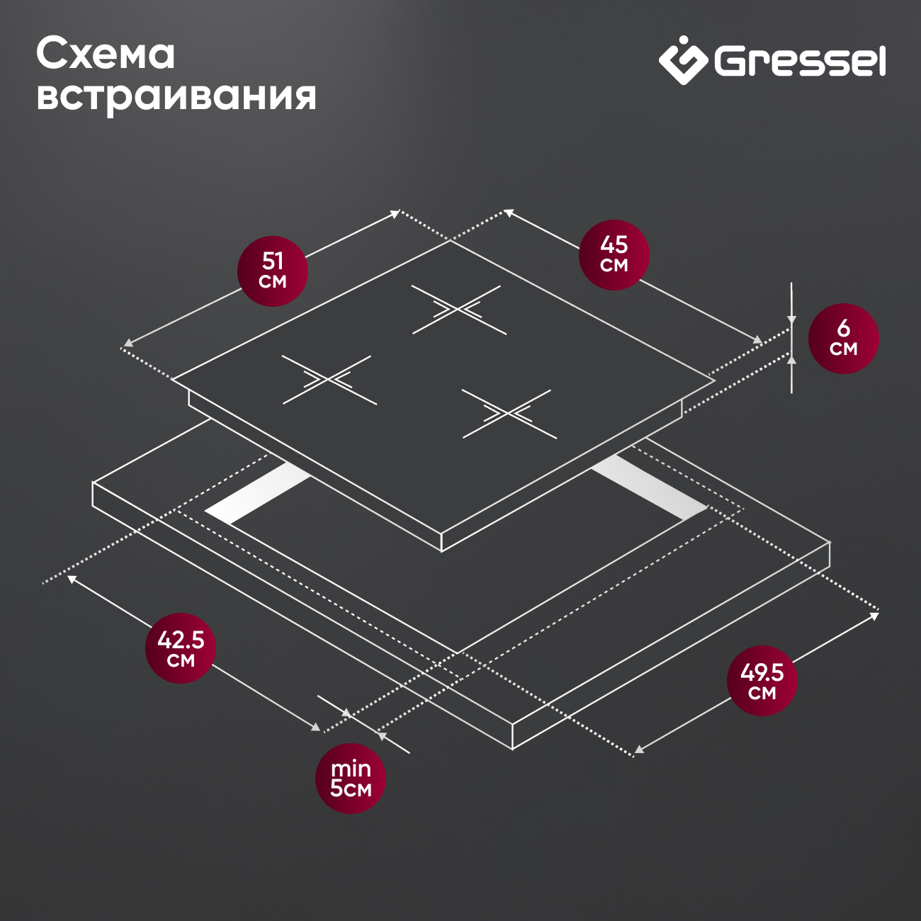 Встраиваемая индукционная варочная панель GRESSEL U45I73S001, 45 см, 5500Вт, сенсорное управление Slider control, блокировка, датчик наличия посуды, таймер