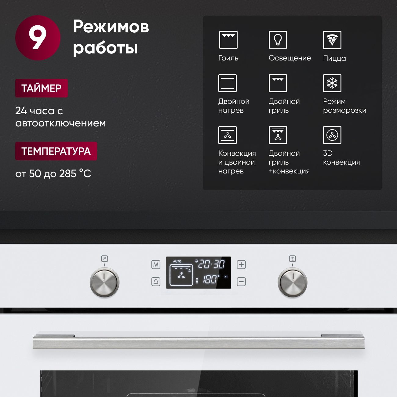 Встраиваемый духовой шкаф Gressel U6EC69110, 60см, 9 режимов работы, двойной гриль, 3D конвекция, режим разморозки + противень Wellfry