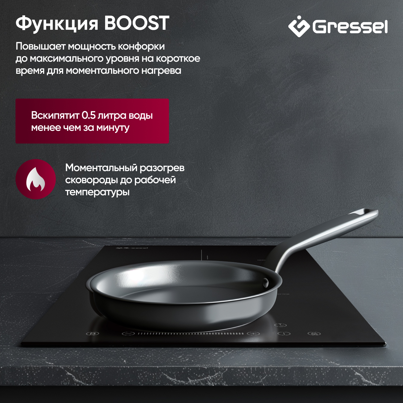 Встраиваемая индукционная варочная панель GRESSEL U30I72S001, 30 см, 3500Вт, сенсорное управление Slider control, датчик наличия посуды, блокировка, таймер