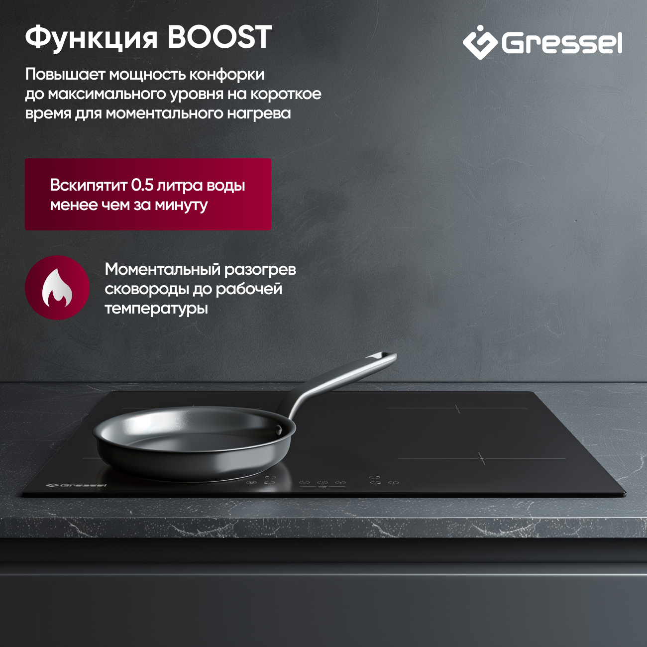 Встраиваемая индукционная варочная панель GRESSEL U60I74S000, 60 см, 7000Вт, сенсорное управление Touch control, блокировка, защита от перегрева, датчик наличия посуды, таймер