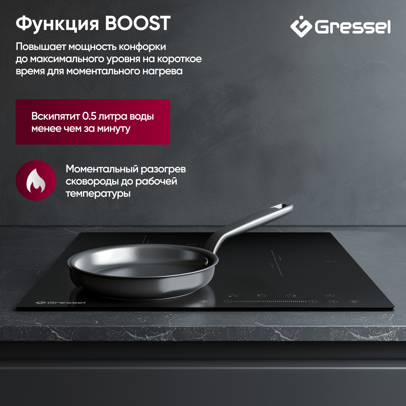 Встраиваемая индукционная варочная панель GRESSEL U45I73S001, 45 см, 5500Вт, сенсорное управление Slider control, блокировка, датчик наличия посуды, таймер