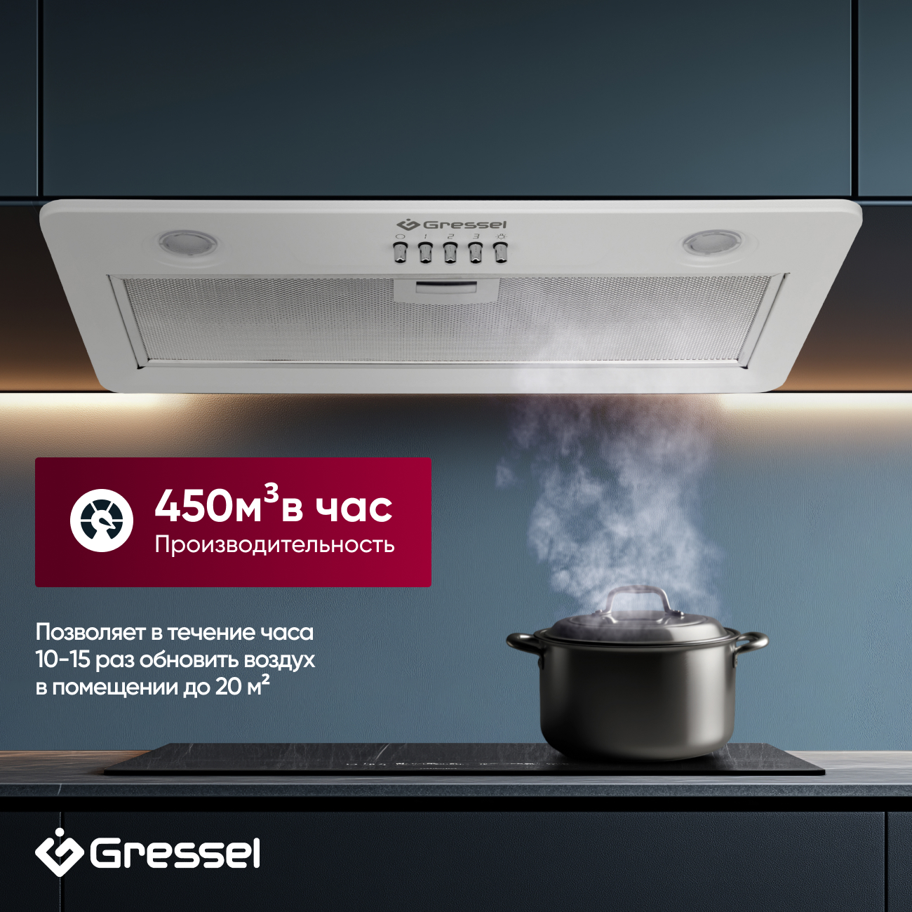Встраиваемая вытяжка Gressel GR52W 52 см (полновстраиваемая), LED подсветка, 3 скорости, режим отвода и рециркуляции, механическое управление, белая