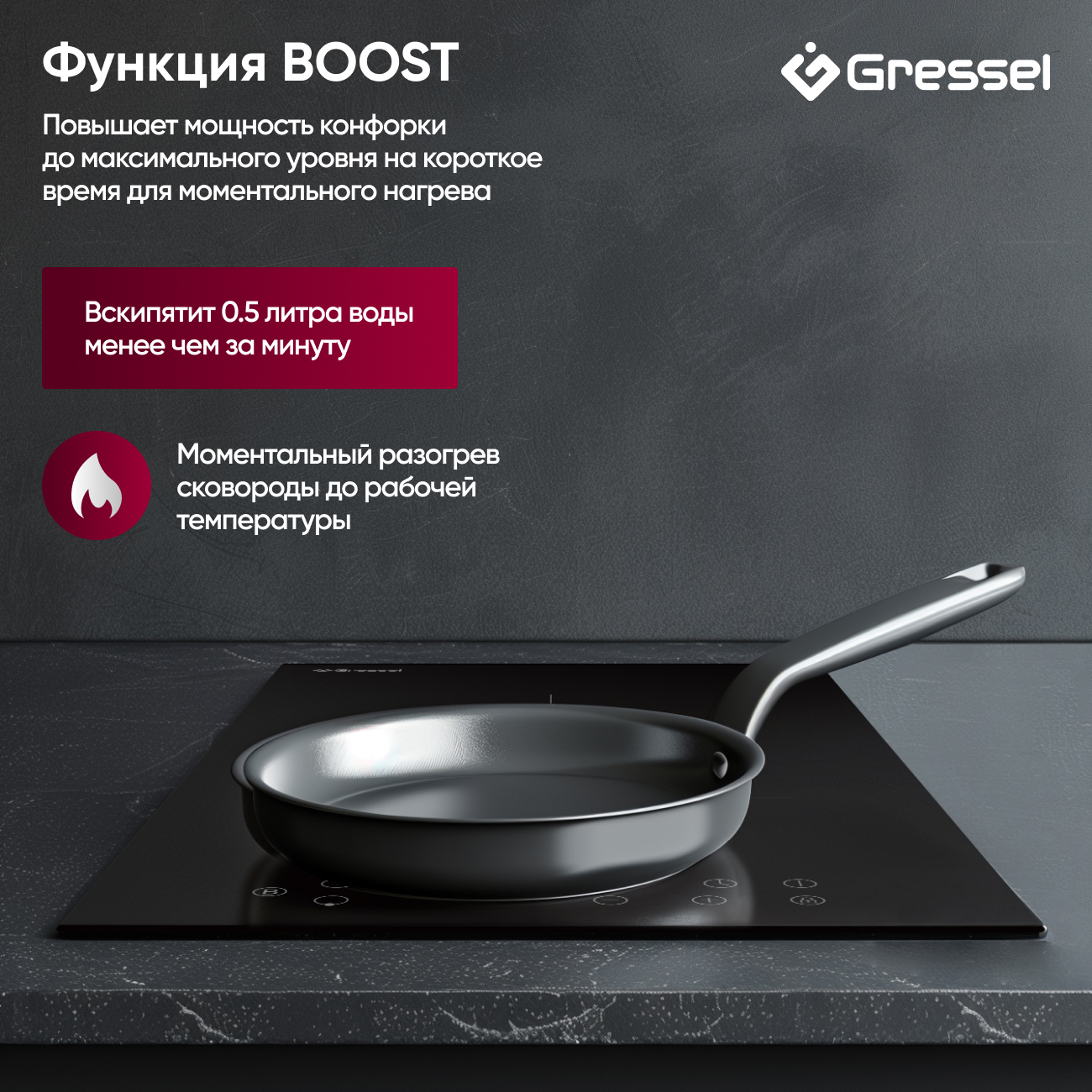 Встраиваемая индукционная варочная панель Gressel U30I72S000, 30 см, 3500Вт, сенсорное управление Touch Control, датчик наличия посуды, блокировка, таймер