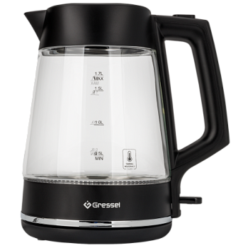 Электрический чайник Gressel GRK-1115, 1.7л, 2200Вт, защита от перегрева, контроллер Strix, подсветка, сетчатый фильтр, термостойкое стекло, черный