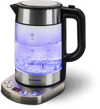 Электрический умный чайник Gressel GRK-1102 с регулировкой температуры, стеклянный с подсветкой, 1,7л, STRIX-контроллер
